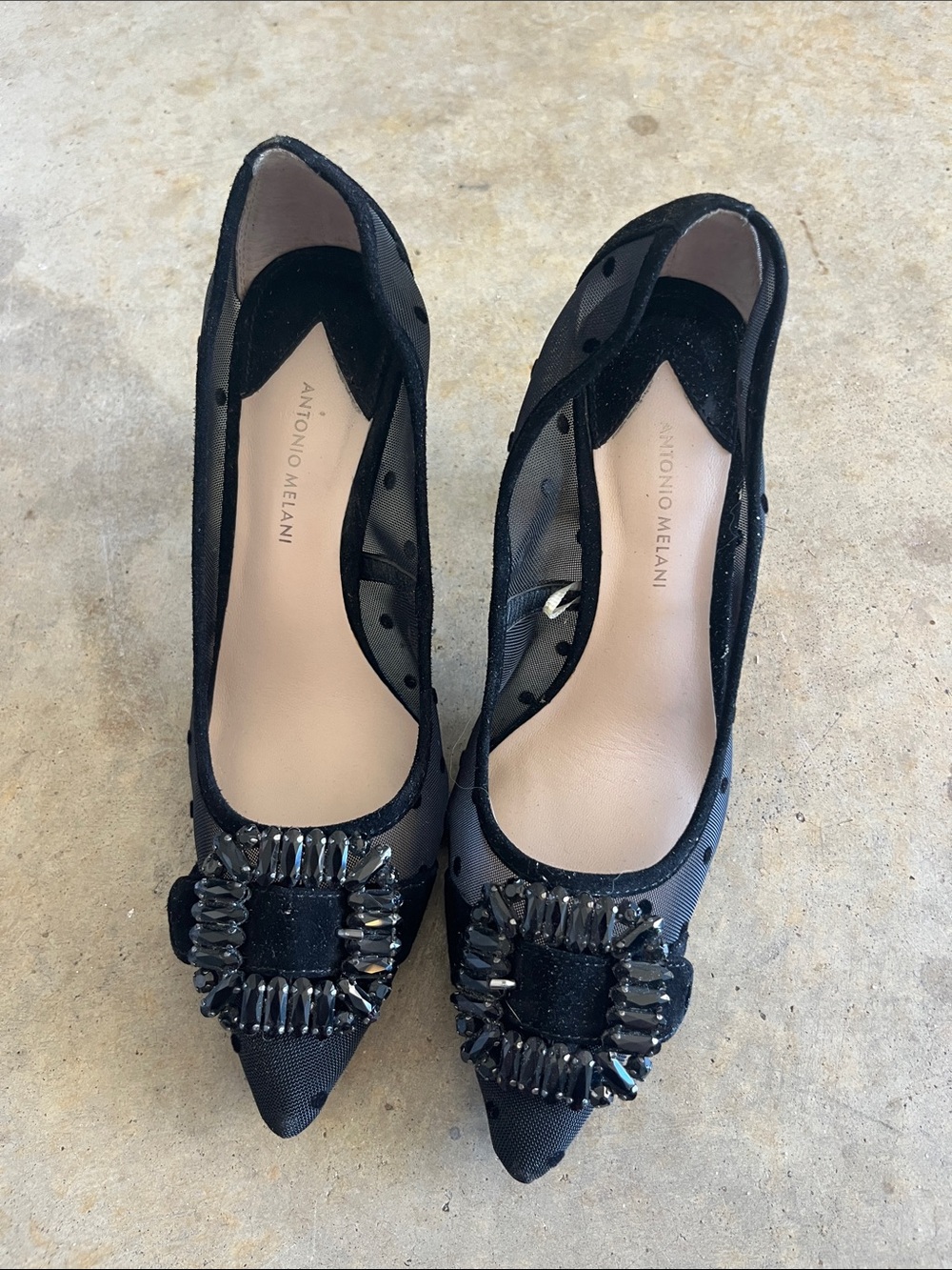 ANTONIO MELANI Black Pointed-Toe Mesh Flats with Jeweled Buckle Accent